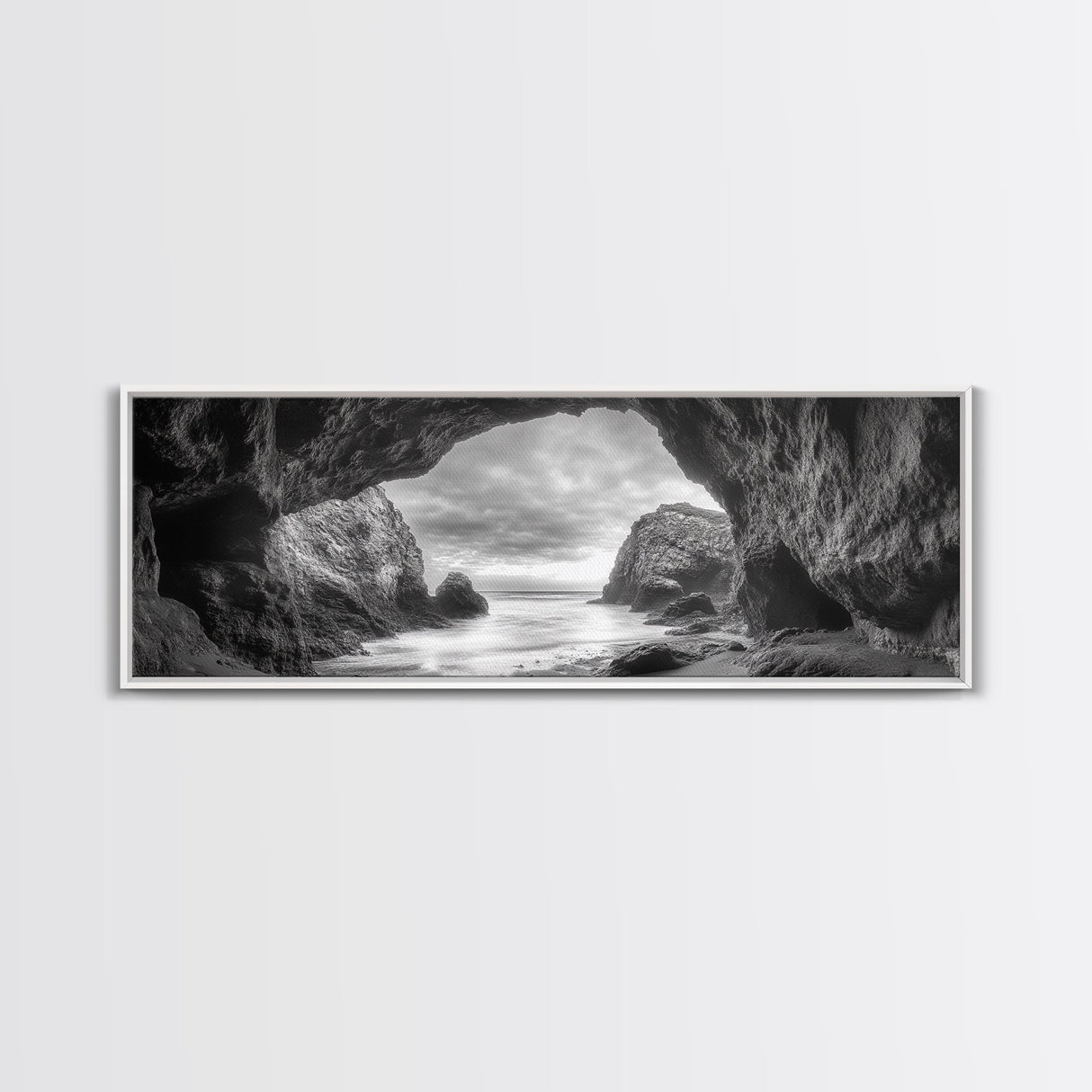 Sea Cave View, Coastal Rock Art, Monochrome Seascape, Framed Canvas Print, Bathroom Wall Art, Nature Photography, Moody Ocean Decor