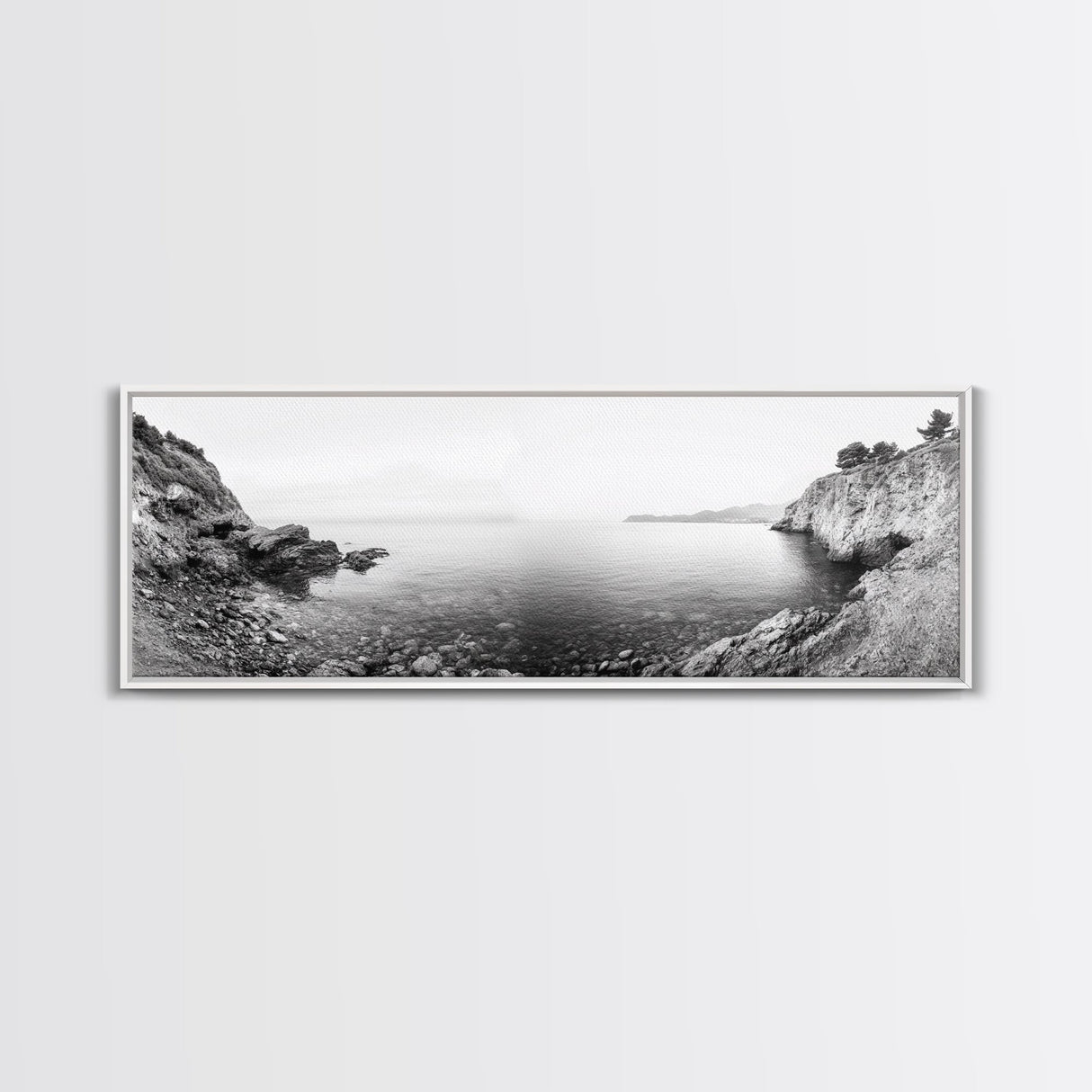 Rocky Coastline, Minimalist Seascape, Black and White Shoreline, Framed Canvas Print, Coastal Wall Art, Bathroom or Hallway Decor