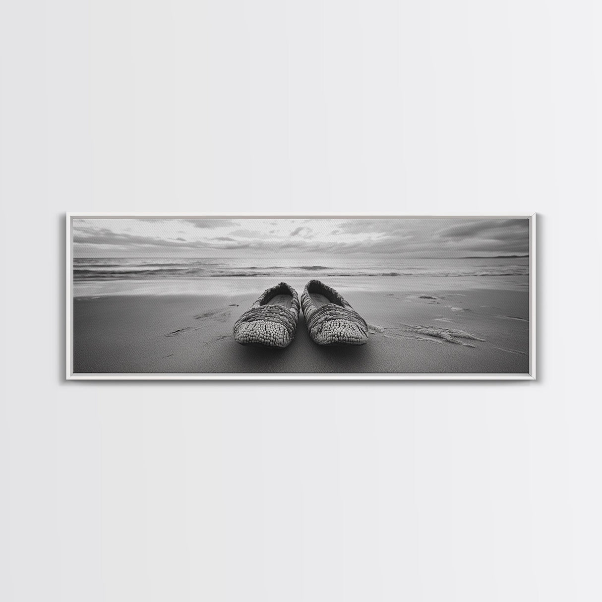 Woven Shoes, Coastal Walk, Ocean Breeze, Boho Style, Framed Canvas Print, Entryway Wall Art, Minimalist Beach Art, Seashore Photography