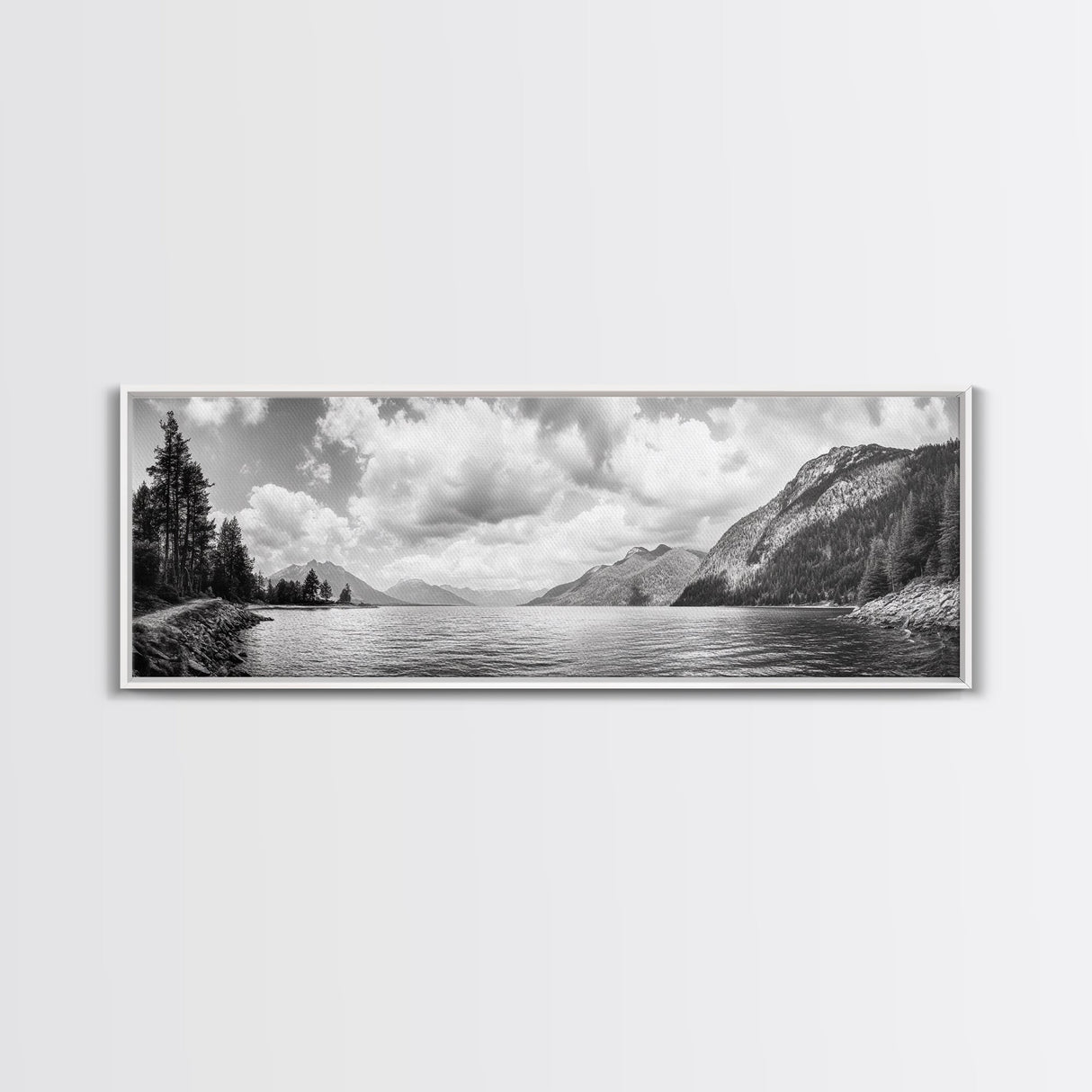 Mountain Lake, Forest Panorama, Serene Wilderness, Framed Canvas Print, Nature Lover Wall Art, Rustic Lodge Decor, Neutral Palette