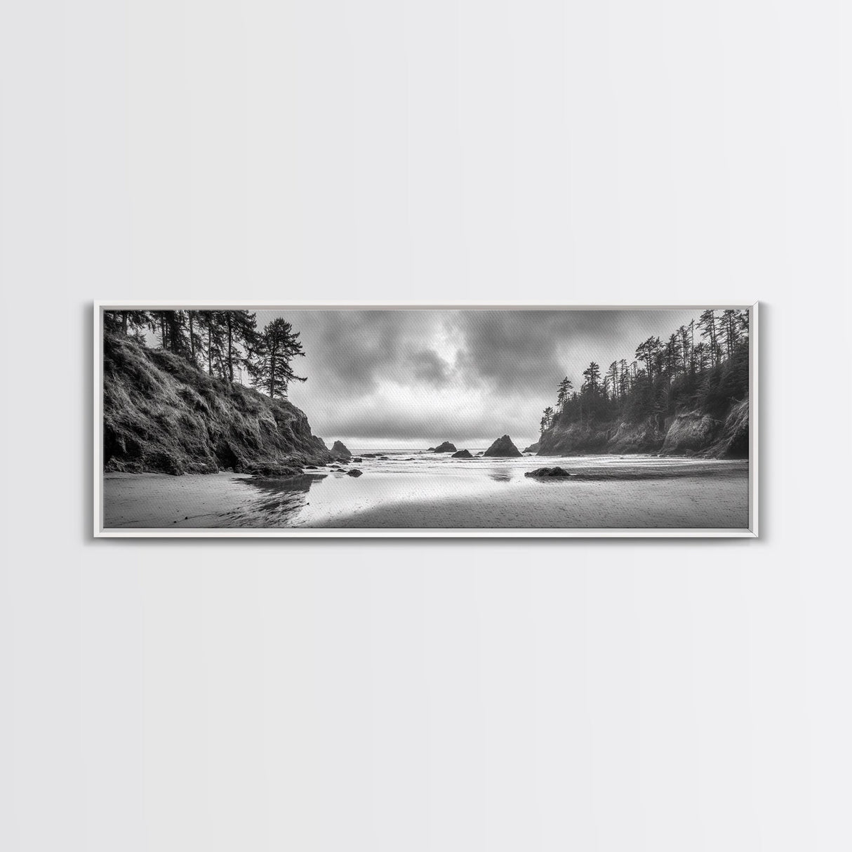 Misty Coastline, Dramatic Shore, Moody Ocean Scene, Framed Canvas Print, Coastal Living Room Art, Black and White Nature Decor