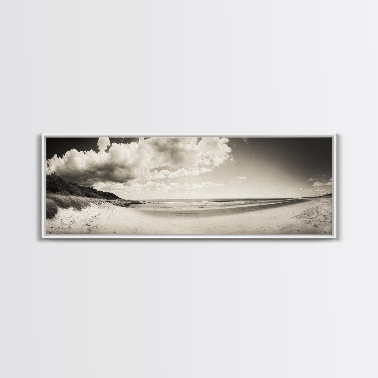 Cloudy Beach, Sandy Shoreline, Coastal Serenity, Framed Canvas Print, Neutral Tones Wall Art, Minimalist Bathroom or Hallway Decor