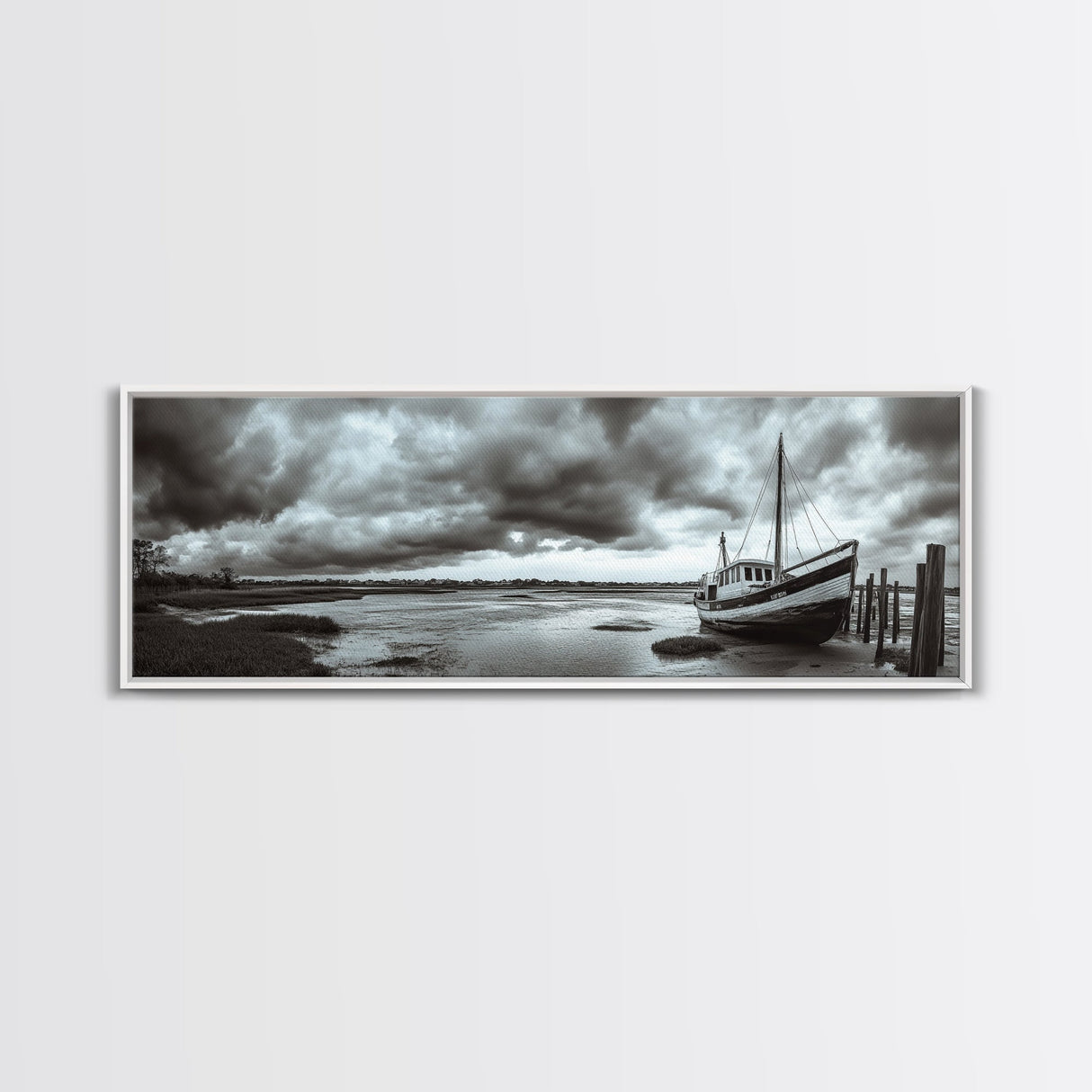 Abandoned Fishing Boat, Coastal Storm Scene, Rustic Nautical Decor, Framed Canvas Print, Beach House Art, Autumn Decor, Moody Wall Print