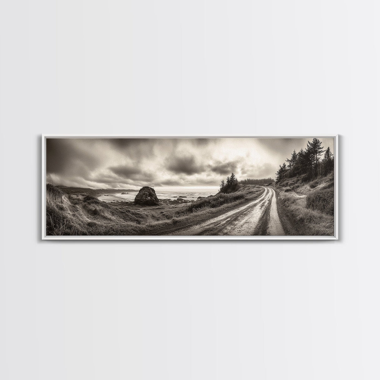 Coastal Road Journey, Overcast Ocean View, Scenic Drive Art, Framed Canvas Print, Fall Landscape Wall Art, Nature Lover, Living Room Decor