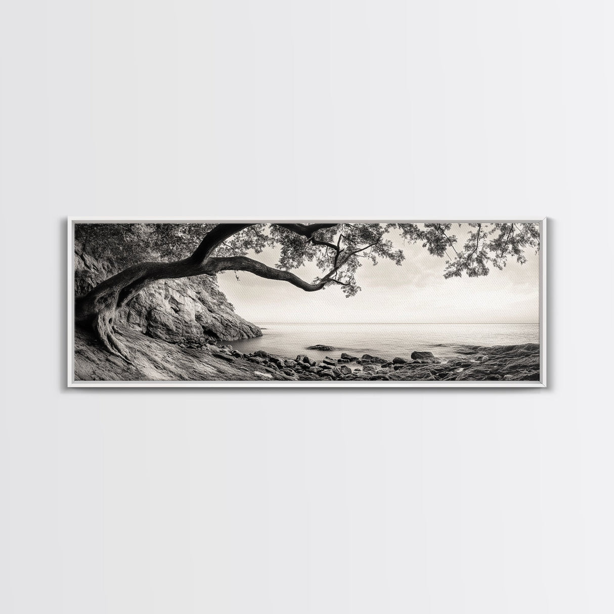 Tree By The Sea, Ocean Cliff, Black And White Nature, Framed Canvas Print, Coastal Wall Decor, Minimalist Art, Tranquil Bedroom Print