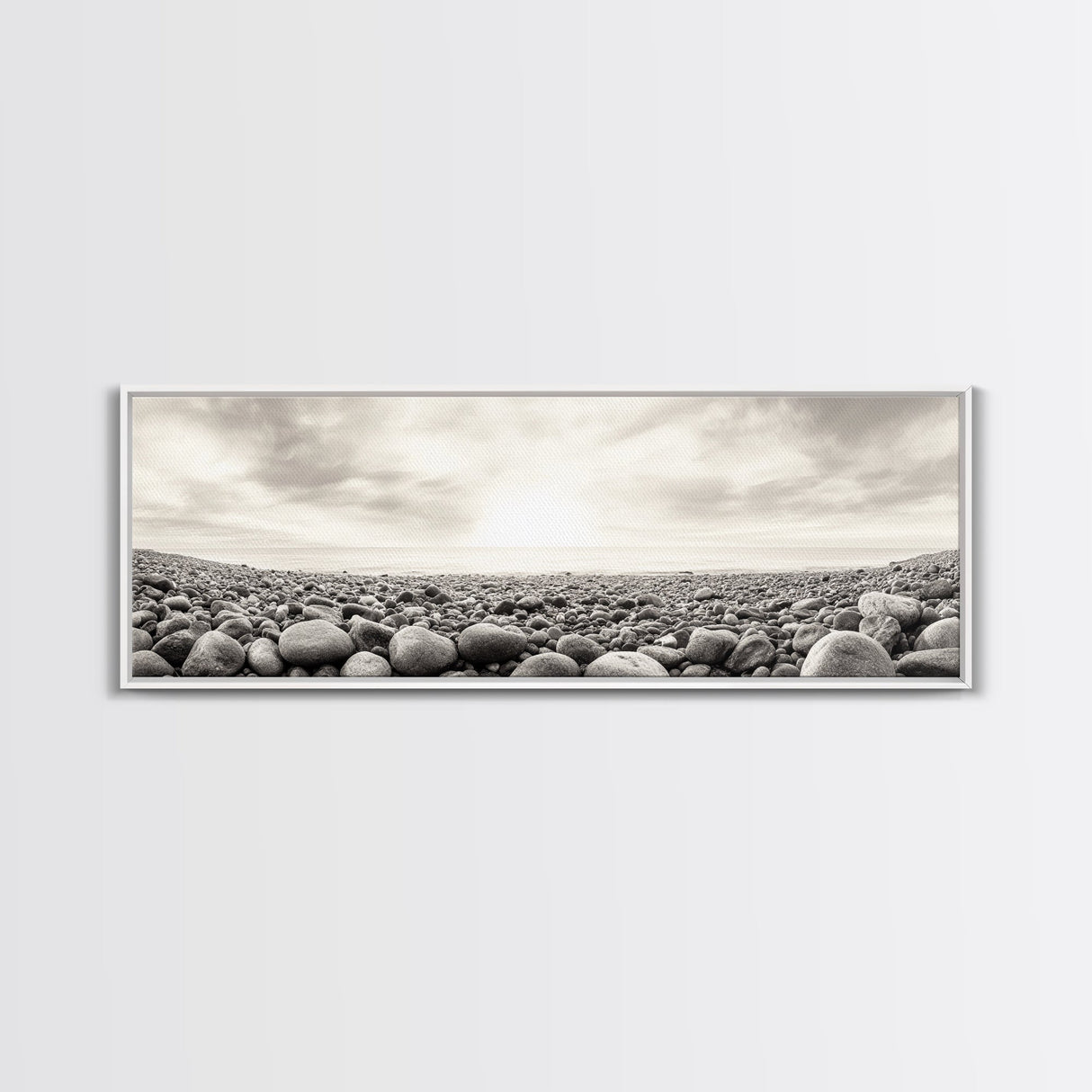 Pebble Shoreline, Soft Horizon, Beach Sunrise, Calm Coastal Decor, Framed Canvas Print, Neutral Tones, Bedroom Wall Art, Nature Minimalism