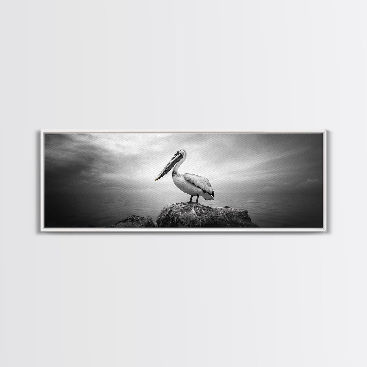 Coastal Pelican, Ocean Rock, Tranquil Wildlife Scene, Framed Canvas Print, Beach House Wall Art, Seaside Nature Decor, Moody Tones