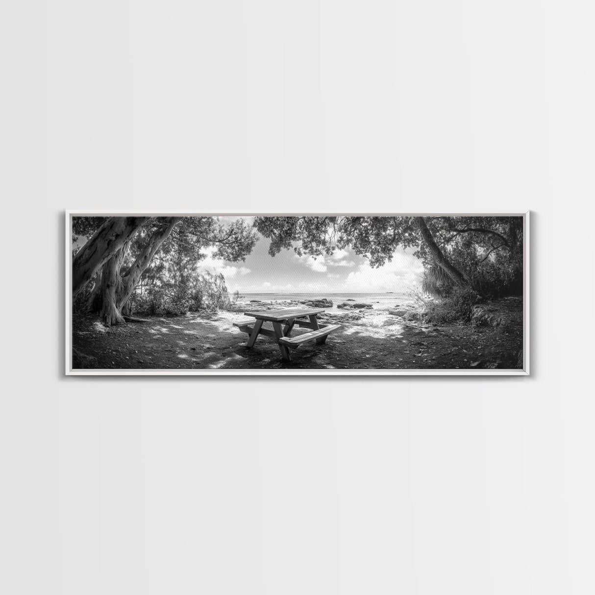 Secluded Picnic Spot, Ocean View, Tranquil Escape, Nature Sanctuary Art, Framed Canvas Print, Kitchen Wall Decor, Coastal Forest Vibe