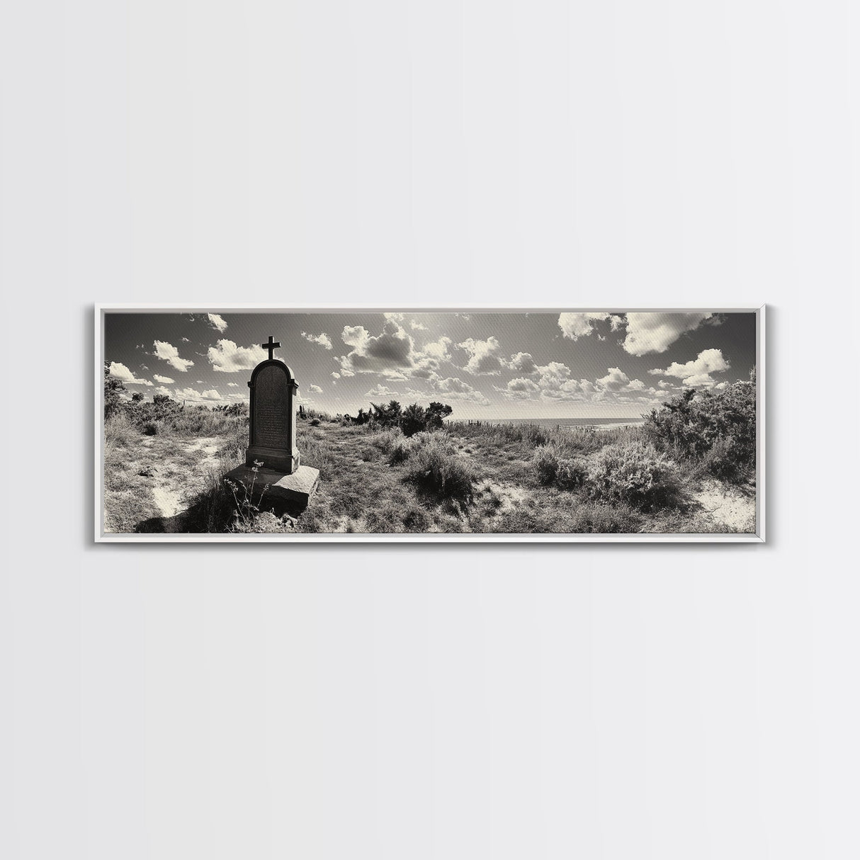 Coastal Tombstone, Sacred Landscape, Ocean Horizon, Graveyard Scene, Framed Canvas Print, Fall Living Room Decor, Moody Historical Art