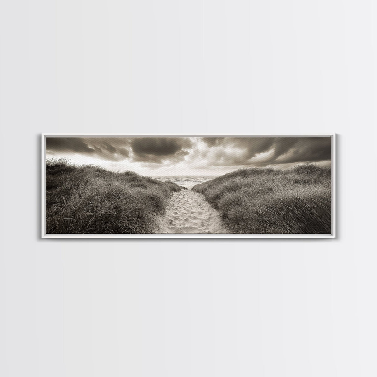 Sandy Dune Path, Grassy Trail, Seaside Journey, Beach Nature Scene, Framed Canvas Print, Minimalist Wall Art, Autumn Coastal Decor