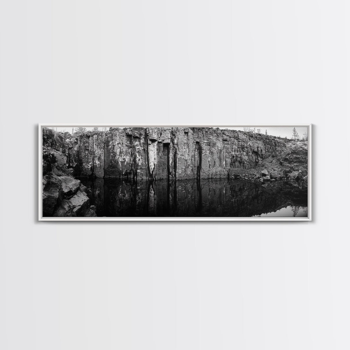 Quarry Wall, Rocky Cliff, Natural Reflection, Still Water, Framed Canvas Print, Industrial Wall Art, Man Cave Decor, Rustic Landscape Art