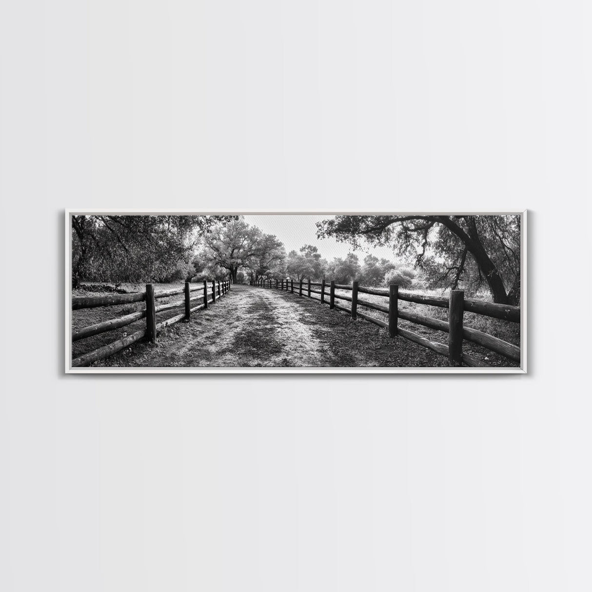 Tree Tunnel, Country Path, Fence Shadows, Framed Canvas Print, Black and White Nature Art, Rustic Wall Art, Autumn Entryway Decor