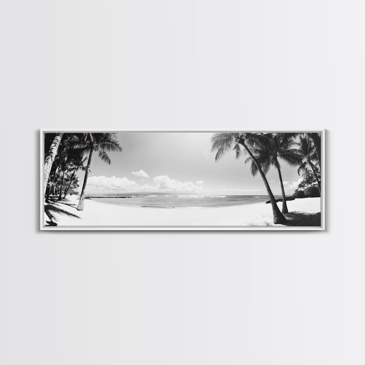 Tropical Beach Scene, Palm Tree Horizon, Ocean Serenity, Island Life, Framed Canvas Print, Coastal Wall Art, Living Room Decor, Minimalist Vibe