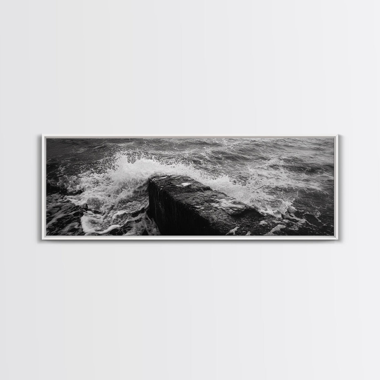 Crashing Waves Rock, Coastal Seascape, Ocean Photography, Black White Art, Framed Canvas Print, Nautical Bathroom Wall Decor