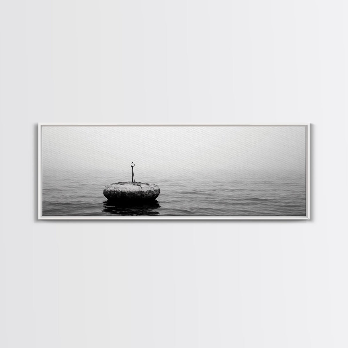 Solitary Sea Buoy, Calm Ocean View, Black White Minimalist, Nautical Canvas Print, Peaceful Coastal Wall Art, Bedroom Decor