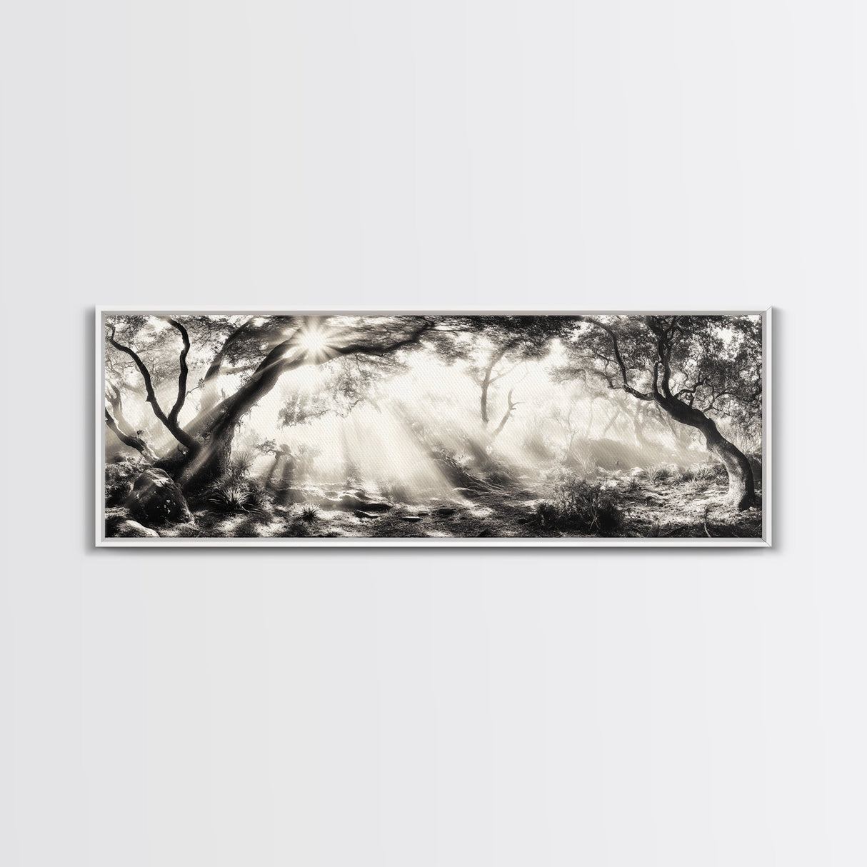Enchanted Forest, Sunlight Rays, Dreamy Woodland, Framed Canvas Print, boho nature decor, spiritual wall art, bedroom forest scene