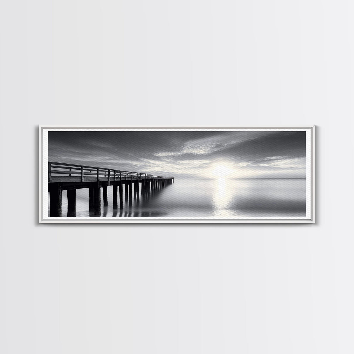 Ocean Pier, Tranquil Horizon, Serene Seascape, Framed Canvas Print, black and white beach wall art, bedroom coastal minimalism