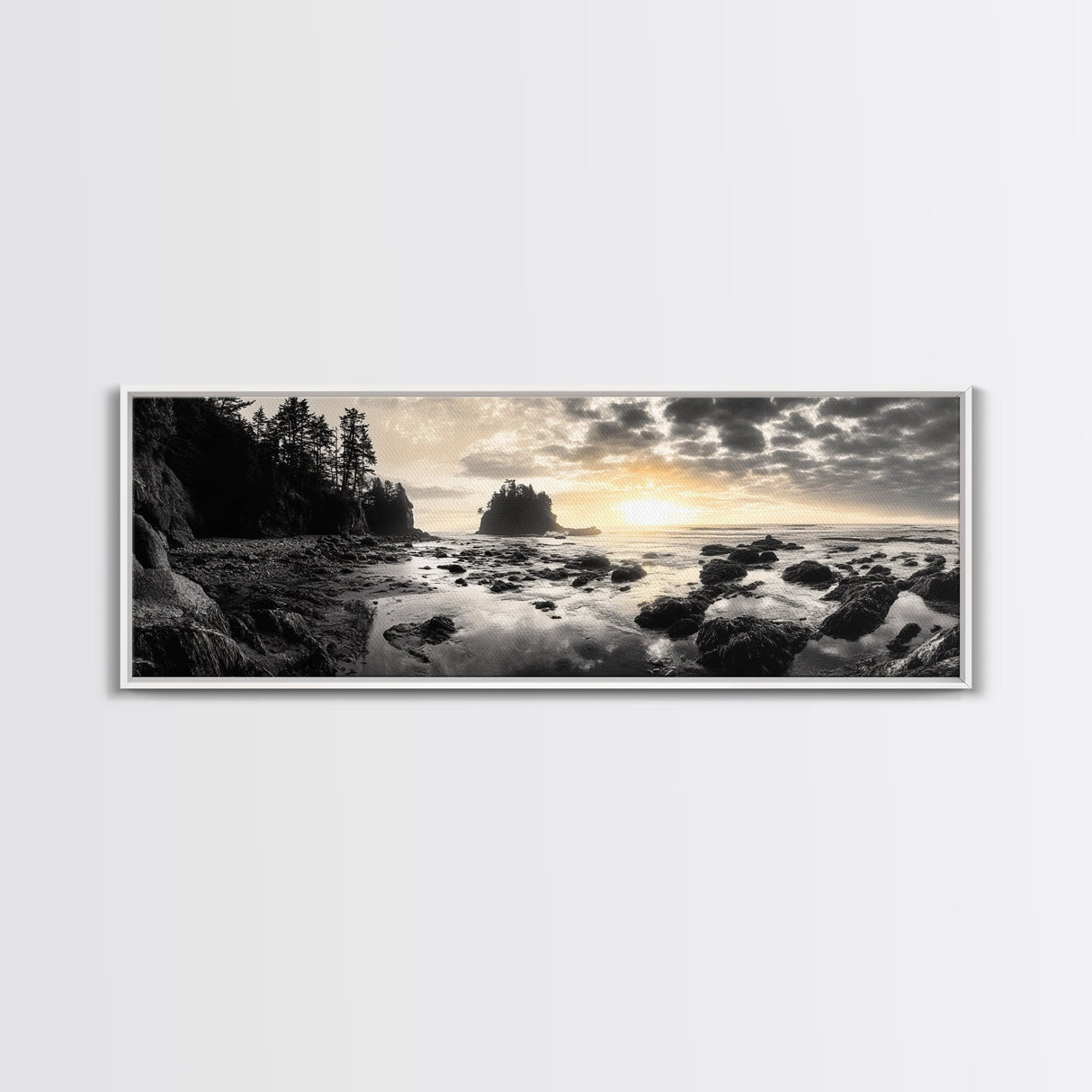 Sunset Shoreline, Moody Rocks, Forested Coast, Framed Canvas Print, nature lover gift, fall coastal art, rustic bathroom wall decor