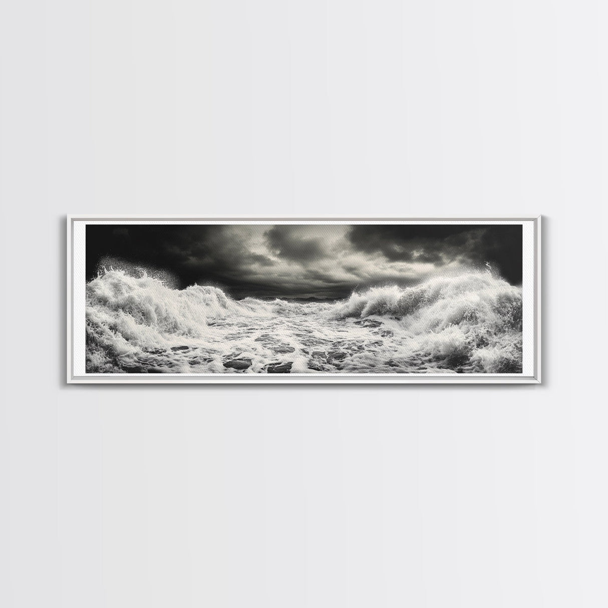 Storm Waves, Moody Sea, Ocean Power, Canvas Print, dramatic bathroom wall art, black and white seascape, coastal energy room decor