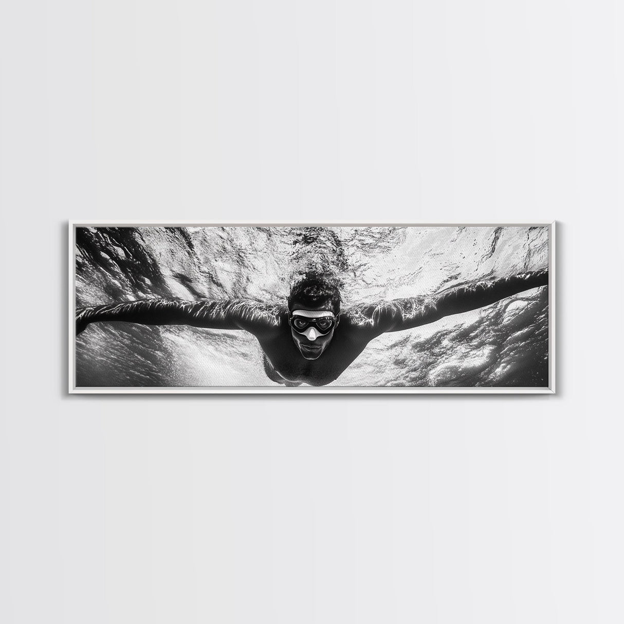 Underwater Swim, Black White Diver, Ocean Exploration, Canvas Print, modern bathroom wall art, sporty fitness vibe, minimalist ocean style