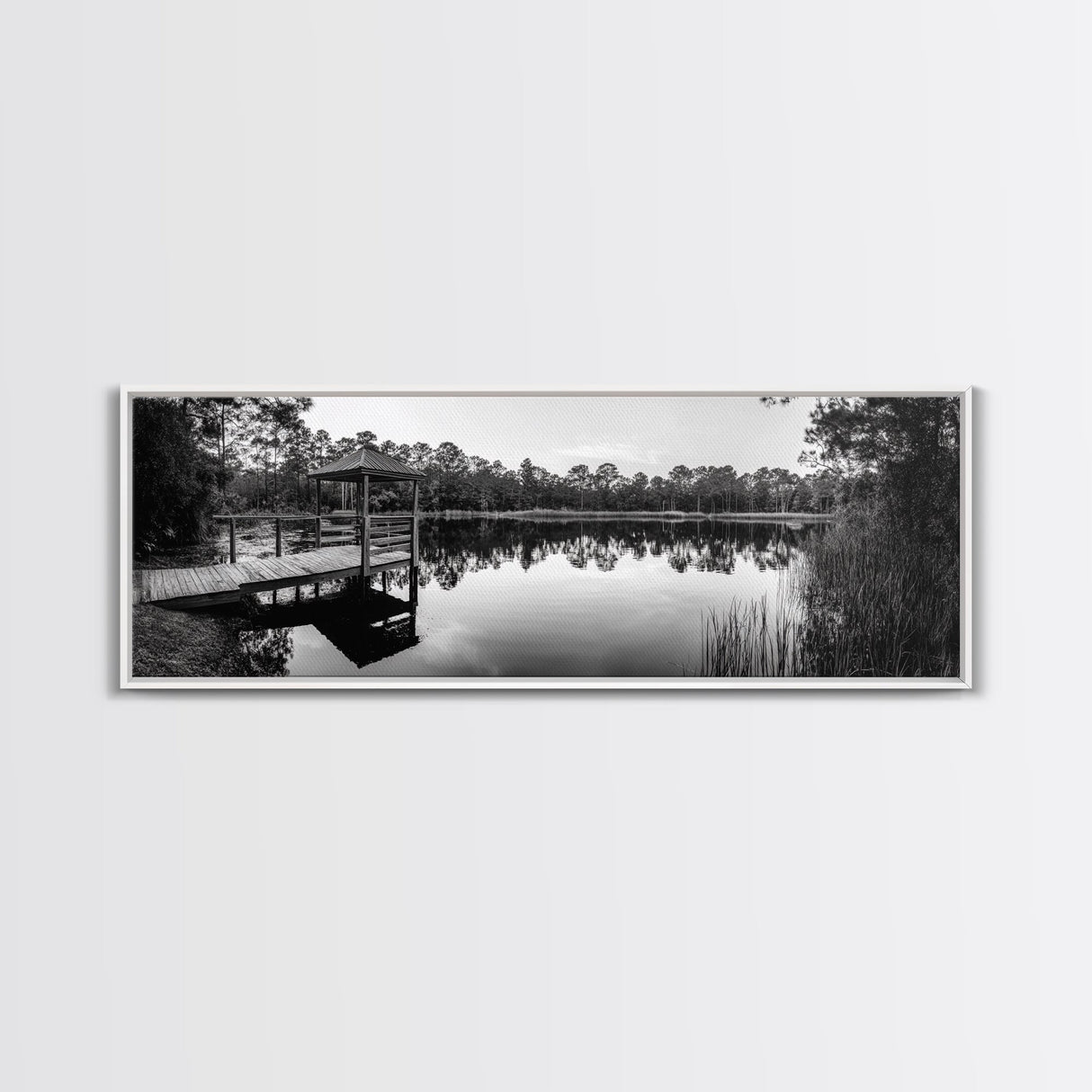 Still Lake Dock, Nature Reflections, Tranquil Scene, Canvas Print, Rustic Landscape Photography, Farmhouse Wall Art, Entryway Decor