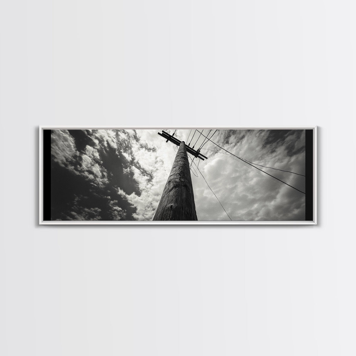 Utility Pole Sky, Urban Minimalism, Power Lines, Framed Canvas Print, Industrial Wall Art, Office Decor, Monochrome Photography