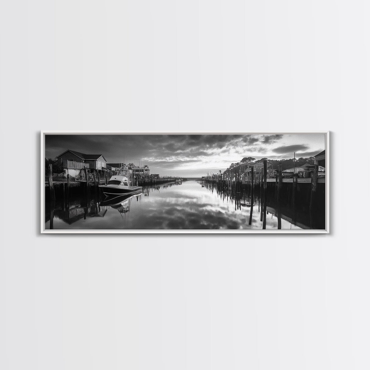 Fishing Dock, Quiet Marina, Waterside Village, Canvas Print, Nautical Wall Art, Lake House Decor, Black and White Photography