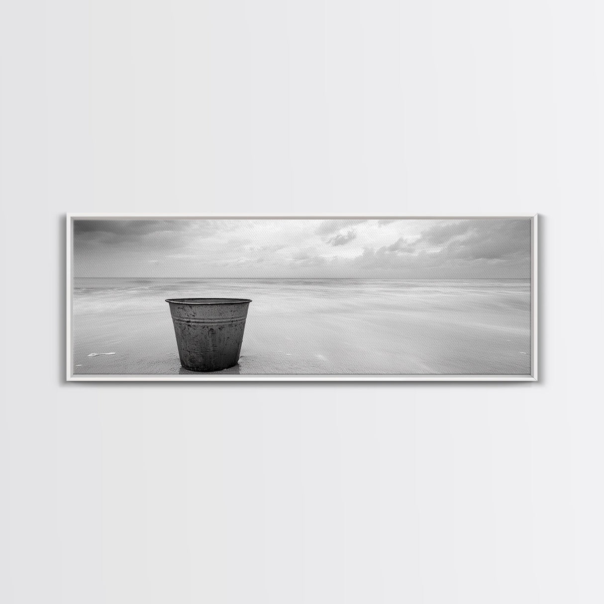 Seaside Metal Pail, Coastal Minimalism, Black White Art, Modern Bathroom Art, Framed Canvas Print, Tranquil Ocean Wall Decor