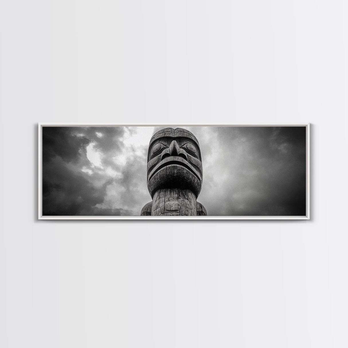 Tribal Totem Head, Cultural Wall Art, Primitive Sculpture Print, Monochrome Decor, Canvas Print, Office or Study Accent