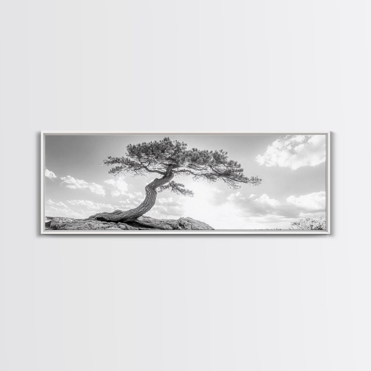 Lone Curved Tree, Zen Nature Print, Minimalist Landscape, Calming Decor, Framed Canvas Print, Bedroom Wall Statement