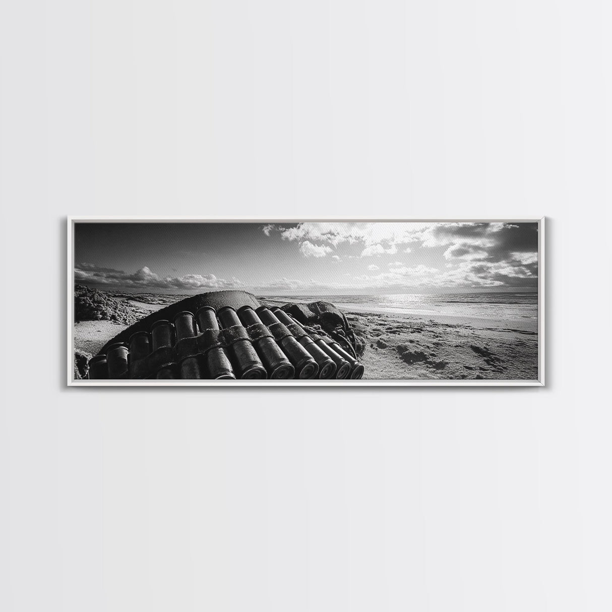 Beach Ammo, War Relic, Ocean Shoreline, WWII Remnants, Framed Canvas Print, Industrial Wall Art, Man Cave Decor, Coastal Photography