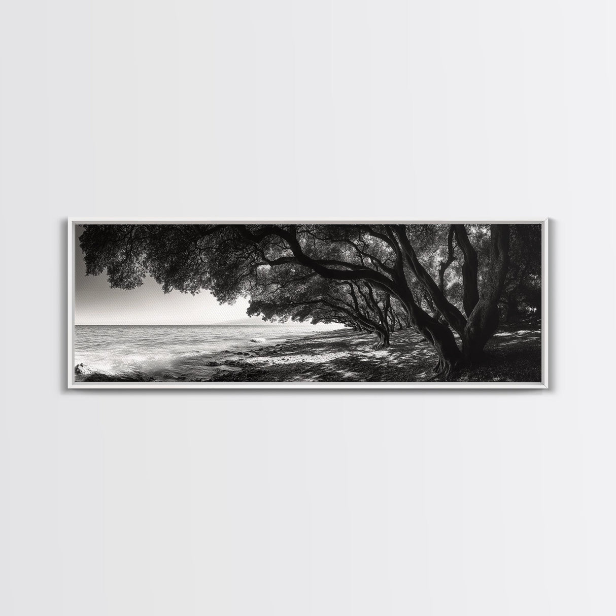 Ocean Trees, Shoreline Light, Majestic Forest, Beach Scene, Framed Canvas Print, Boho Wall Decor, Bedroom Art, Zen Coastal Artwork