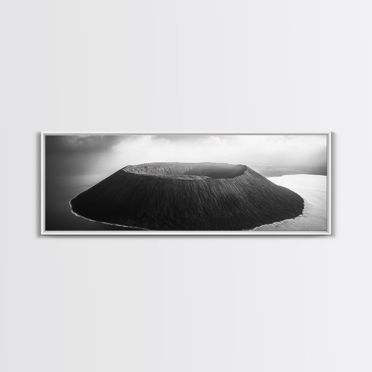 Island Volcano, Crater View, Aerial Landscape, Coastal Photography, Canvas Print, Nature Wall Decor, Bedroom Art, Monochrome Landscape