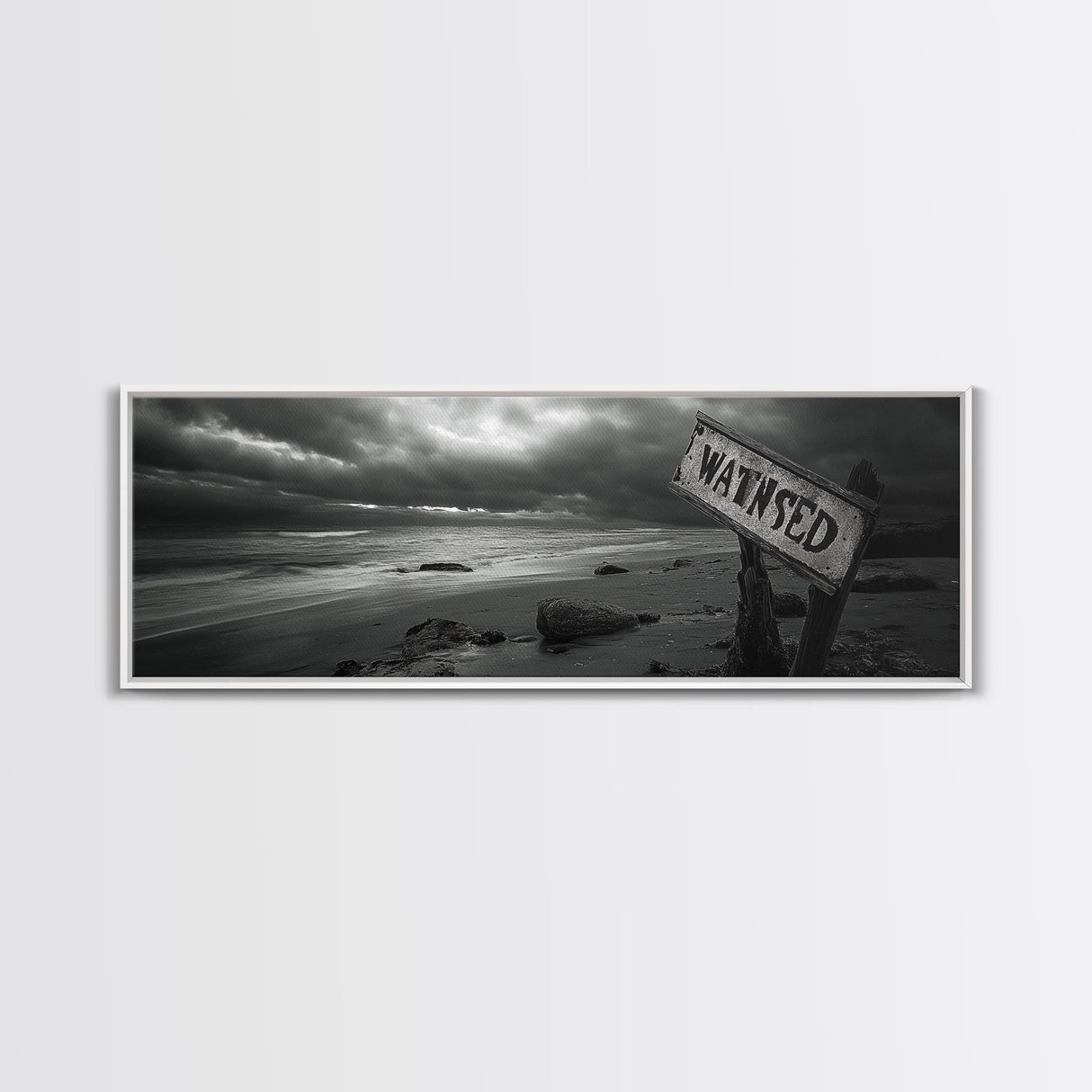 Stormy Beach, Weathered Sign, Moody Ocean, Black and White Photography, Framed Canvas Print, Coastal Gothic Wall Art, Autumn Decor