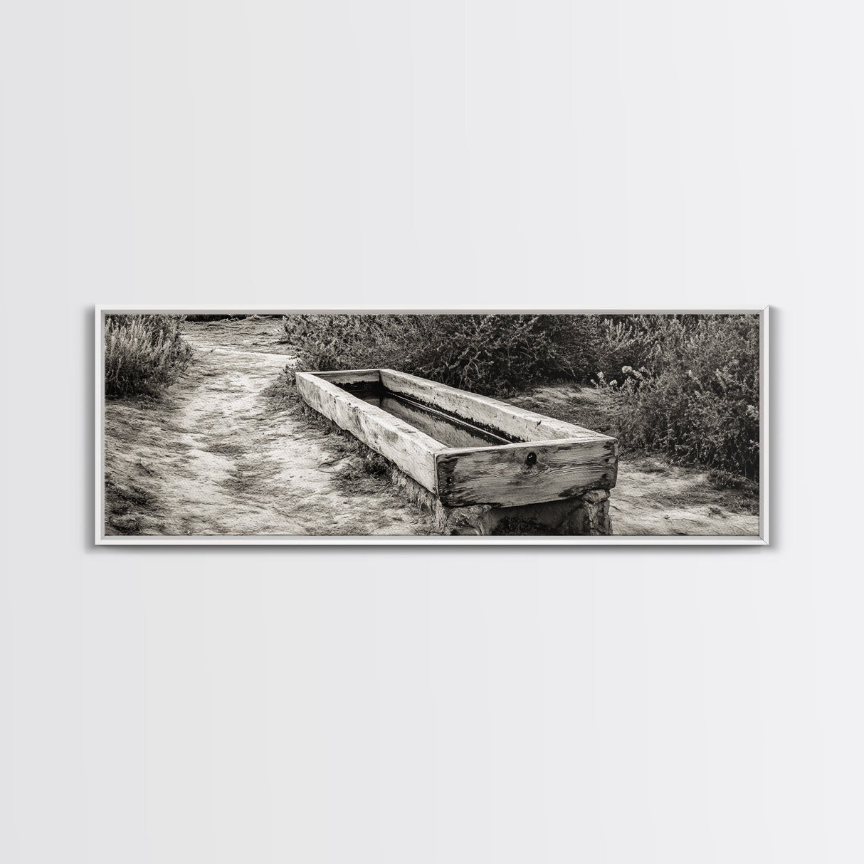 Rustic Water Trough, Nature Trail, Western Desert Scene, Framed Canvas Print, Country Farmhouse Decor, Minimalist Entryway Wall Art