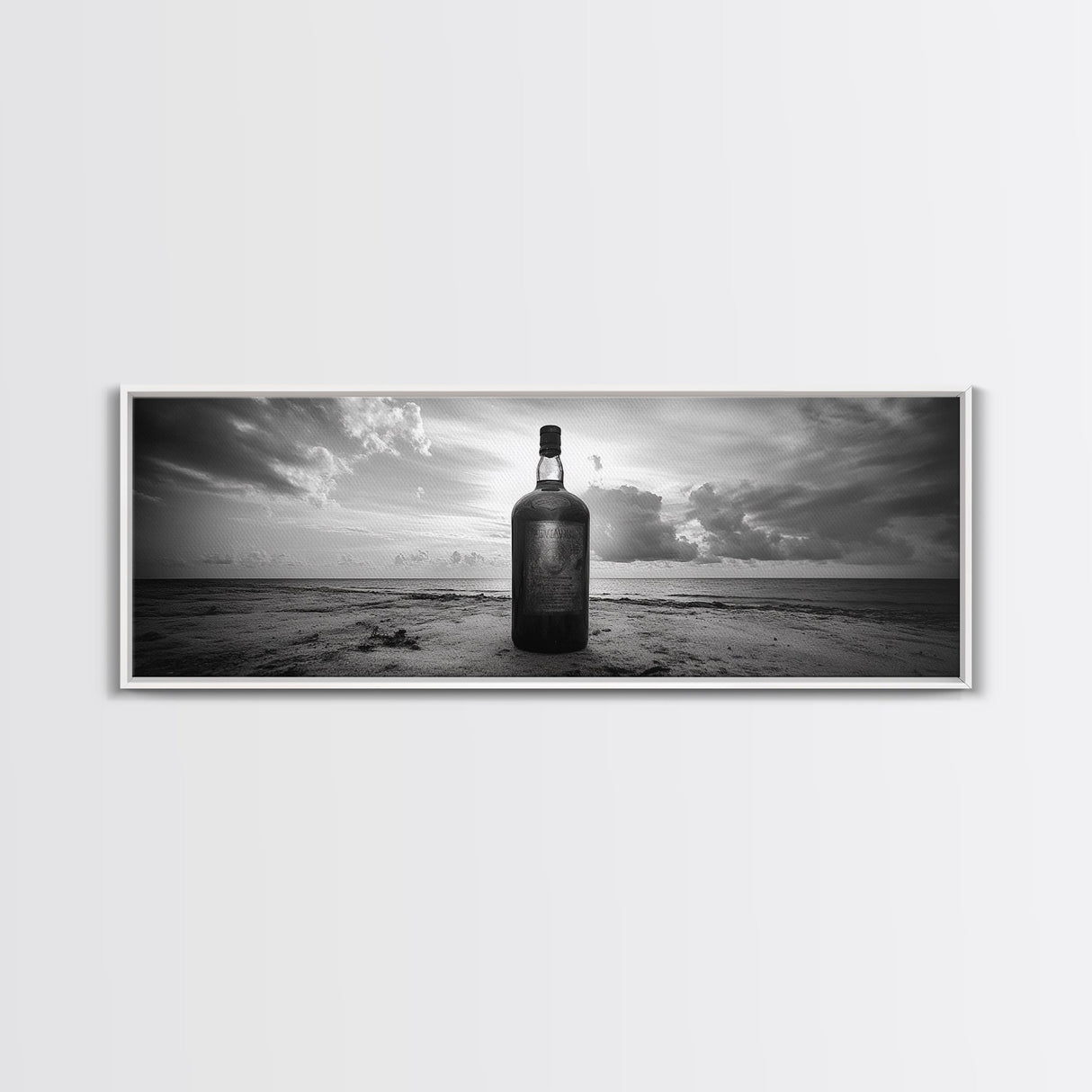 Whiskey on Beach, Bottle Seascape, Moody Coastal Still Life, Canvas Print, Masculine Bar Wall Art, Rustic Living Room Accent Piece
