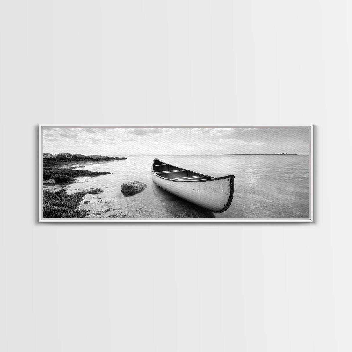Canoe Shore, Coastal Calm, Nature Paddle, Tranquil Waters, Canvas Print, minimalist outdoor art, boho lake decor, living room wall piece