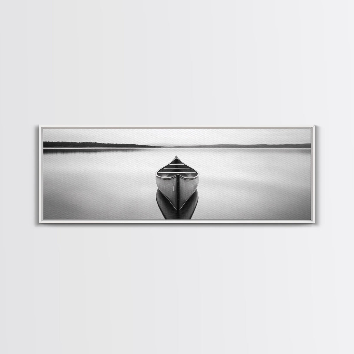Still Canoe, Lake Mirror, Serene Water, Monochrome Boat, Framed Canvas Print, minimalist wall art, peaceful bedroom decor, boho lake style
