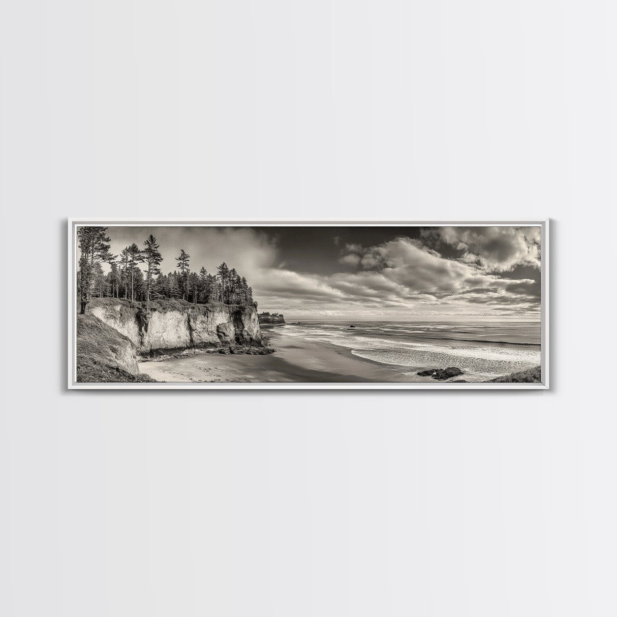 Cliffside Forest, Pacific Coastline, Dramatic Ocean View, Framed Canvas Print, Natural Landscape, Cabin Wall Art, Rustic Coastal Decor