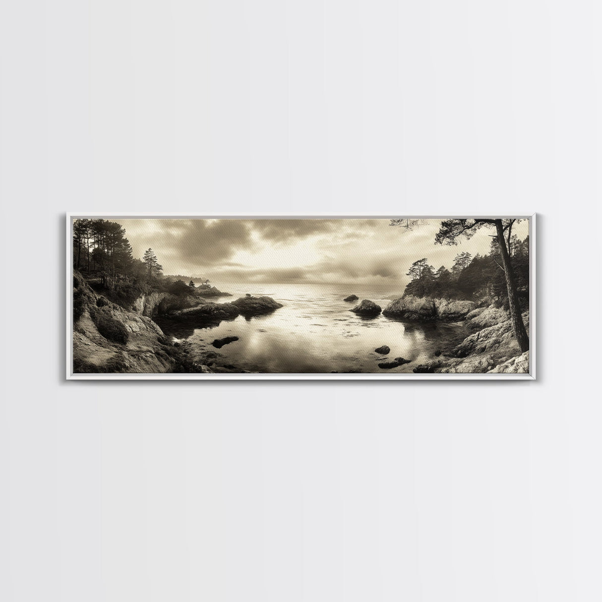 Hidden Cove Sunset, Rocky Seascape, Coastal Tranquility, Framed Canvas Print, Forest Edge, Moody Living Room Wall Art, Seaside Escape
