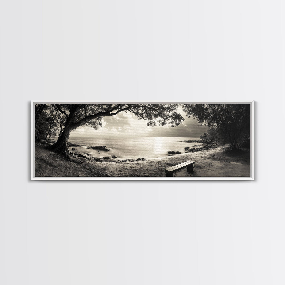 Serene Bench, Ocean View, Tropical Shoreline, Framed Canvas Print, Tranquil Beach Art, Entryway Decor, Nature Photography Wall Art