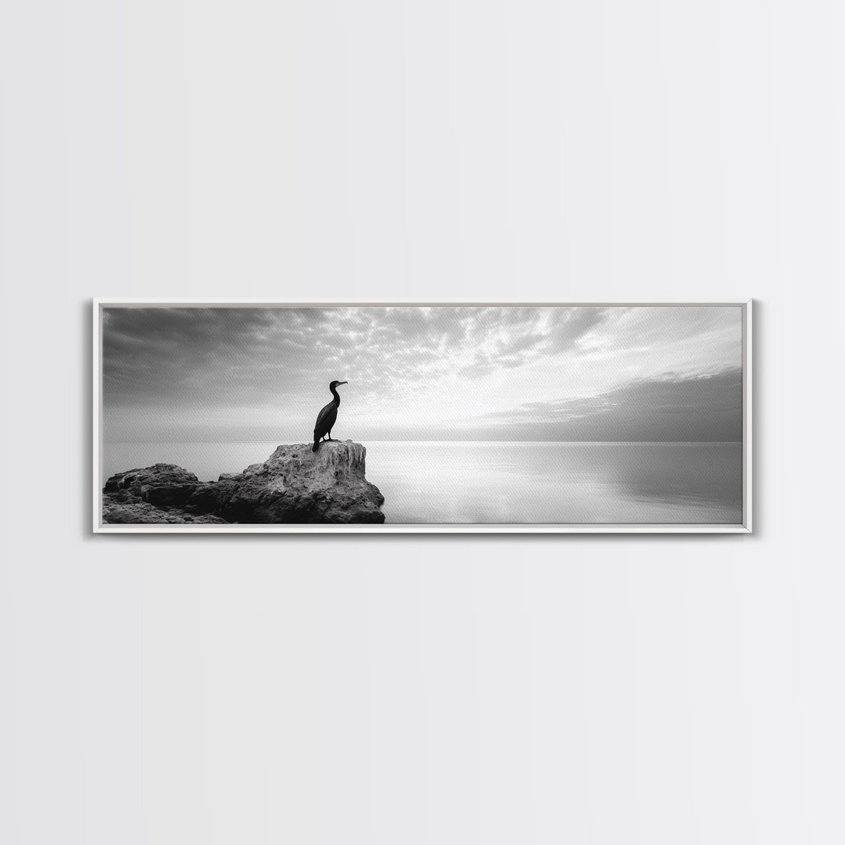 Solitary Bird, Ocean Rock, Minimalist Seascape, Canvas Print, Peaceful Wall Art, Zen Decor, Black and White Living Room Accent