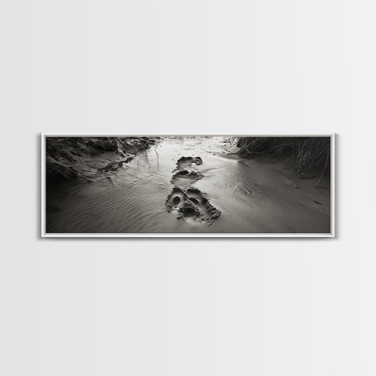 Footprints in Sand, Nature Pathway, Tranquil Stream, Framed Canvas Print, Mindful Journey Art, Rustic Entryway Wall Photography