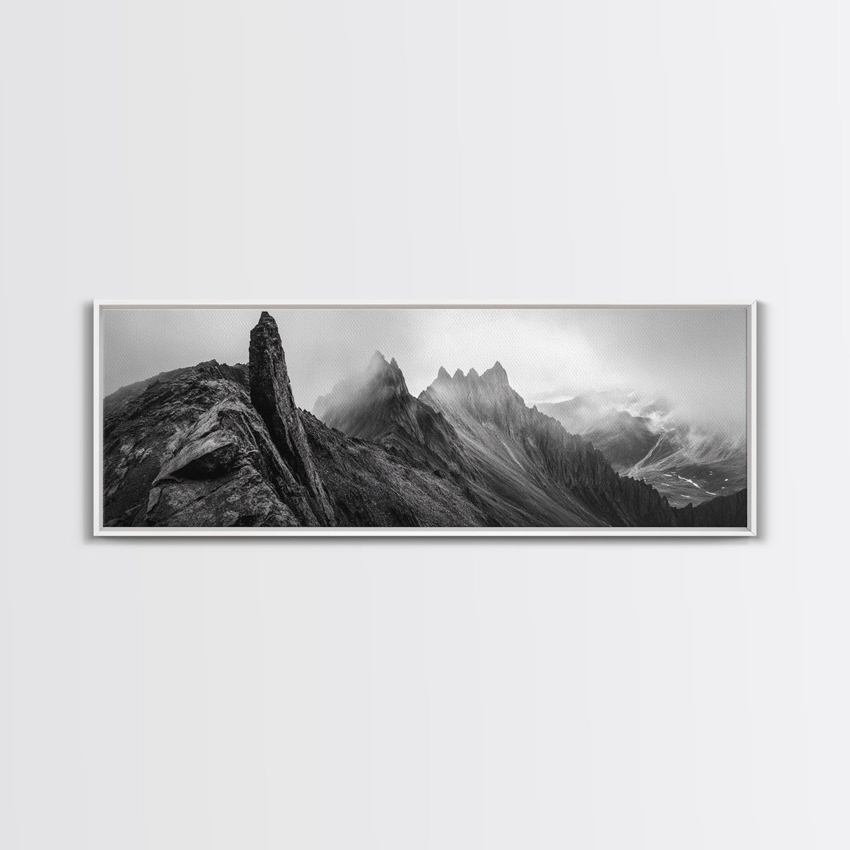 Jagged Peaks, Foggy Mountains, Dramatic Range, Canvas Print, Monochrome Wilderness Art, Office or Cabin Wall Decor, Adventure Style