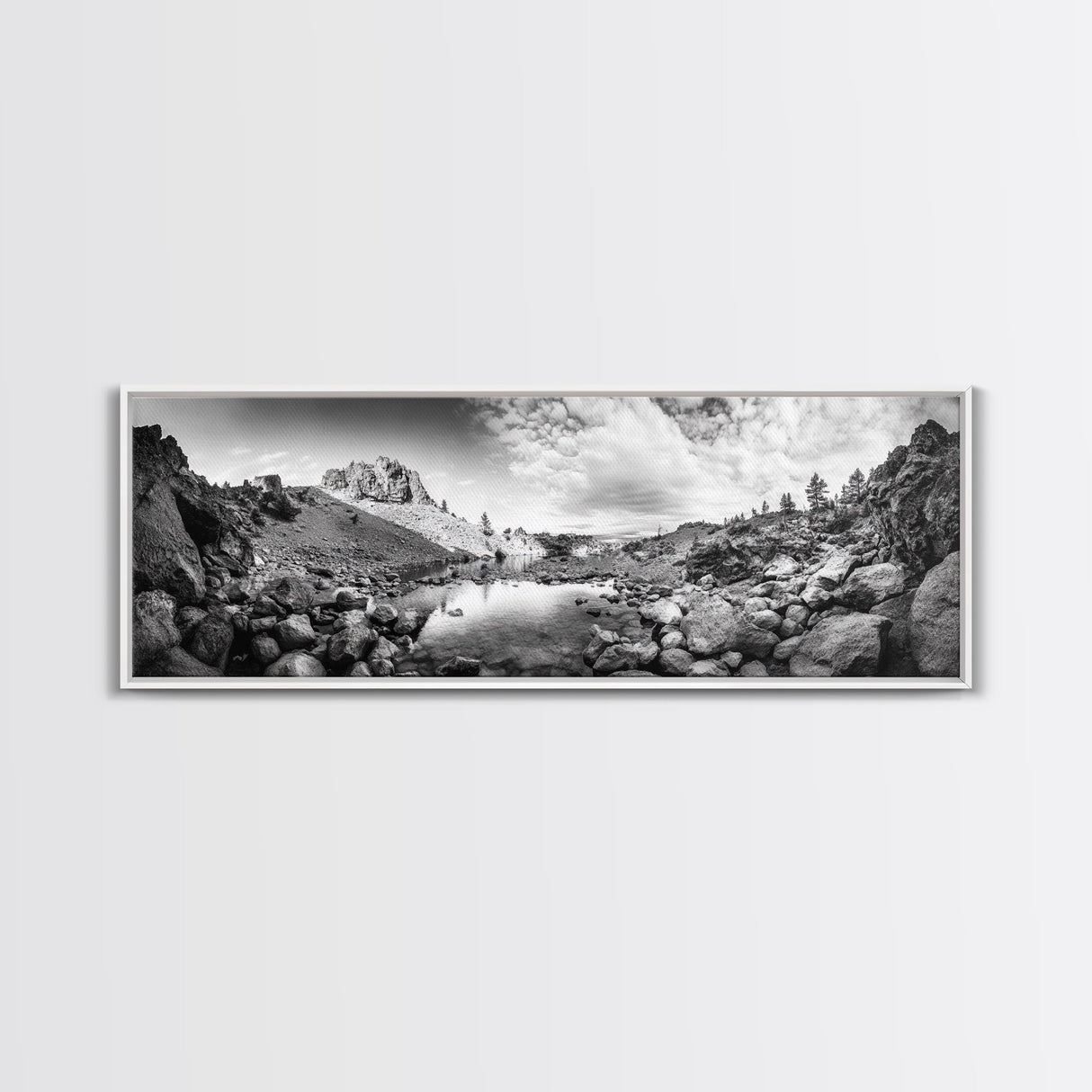 Rocky Lake, Wilderness Reflection, Mountain Calm, Framed Canvas Print, Cabin Nature Wall Art, Rustic Home Decor, Adventure Photography