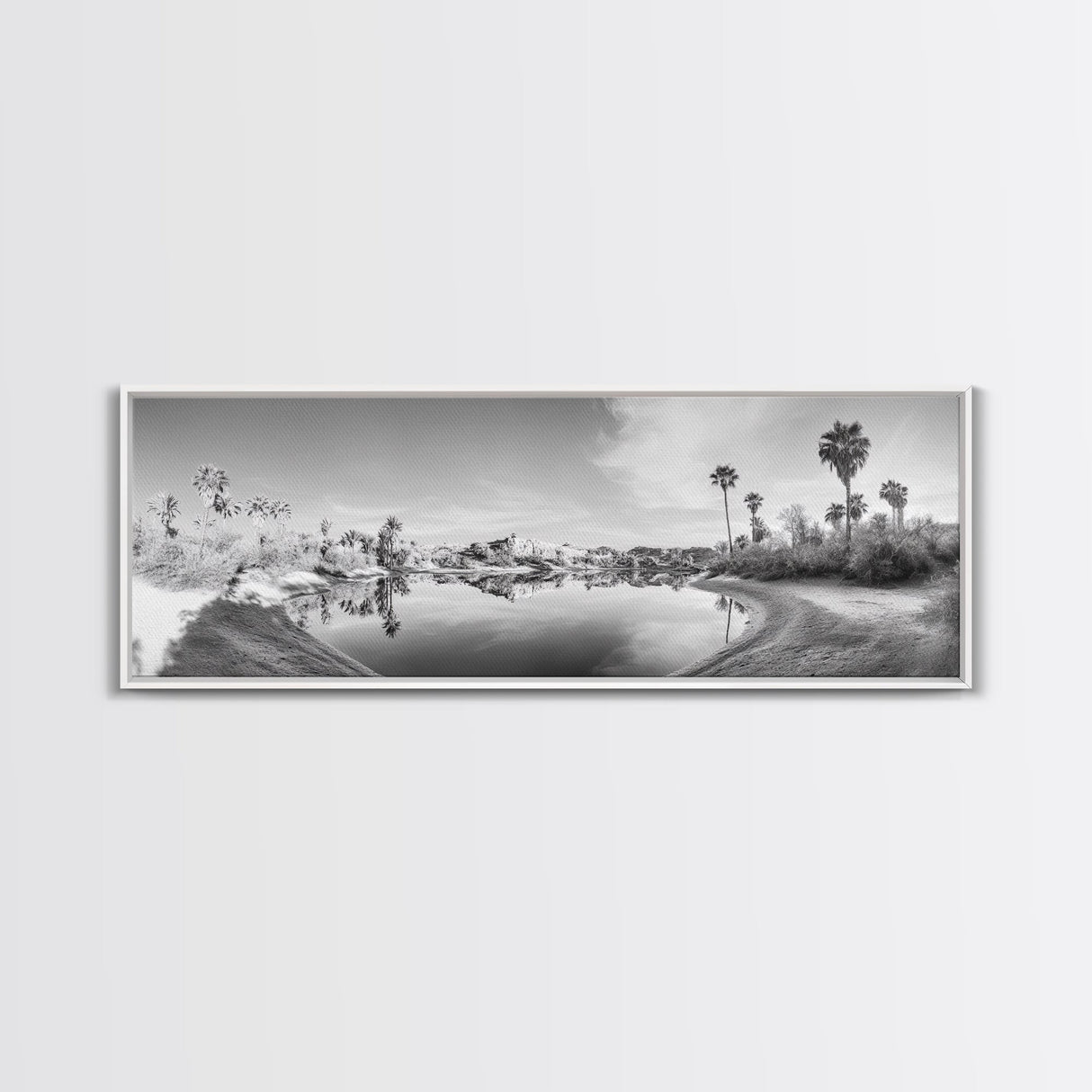 Oasis Reflections, Palm Trees, Desert Scene, Infrared Art Print, Framed Canvas Print, Tropical Wall Art, Boho Bedroom Decor, Tranquil Style