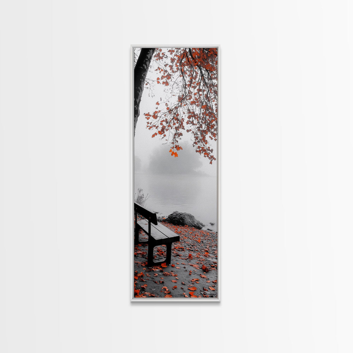 Autumn Leaves, Lakeside Bench, Quiet Moments, Foggy Morning, Framed Canvas Print, Cozy Fall Wall Art, Tranquil Living Room Decor