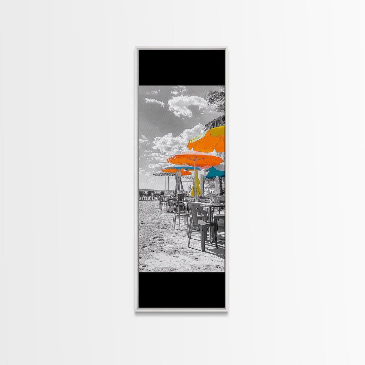 Beach Umbrellas, Seaside Dining, Summer Vibes, Framed Canvas Print, Tropical Kitchen Wall Art, Bright Coastal Decor, Boho Summer Style