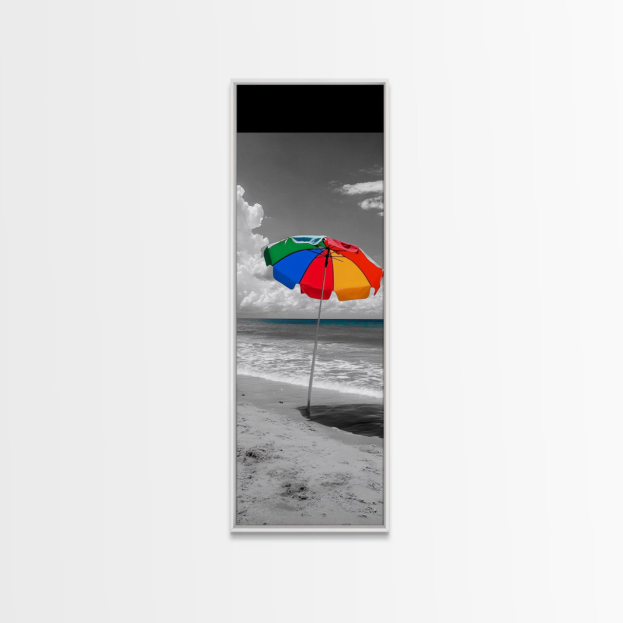 Rainbow Umbrella, Sandy Beach, Summer Sky, Framed Canvas Print, Coastal Bathroom Art, Vibrant Beach Decor, Modern Tropical Style