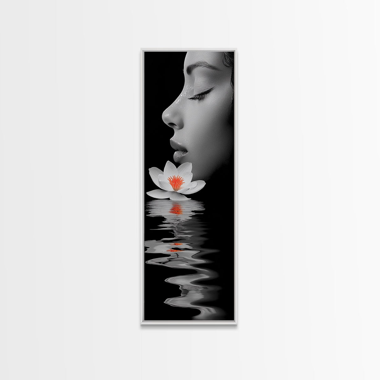 Lotus Beauty, Reflection Art, Feminine Calm, Elegant Profile, Framed Canvas Print, Spa Wall Art, Zen Decor, Minimalist Bathroom Art